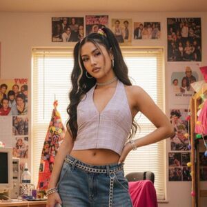 Size Small Office Siren Halter Pink and Brown Gingham Vest Corset Top